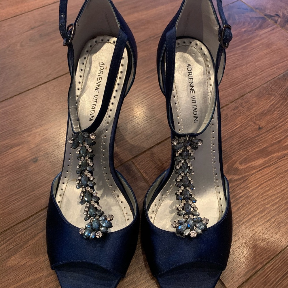 Adrienne Vittadini blue satin, open toe heels 7.5